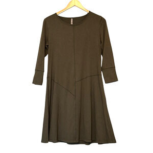 Blue Canoe Slub Puzzle Dress Size L Olive Green Organic Cotton Bamboo A-Line USA